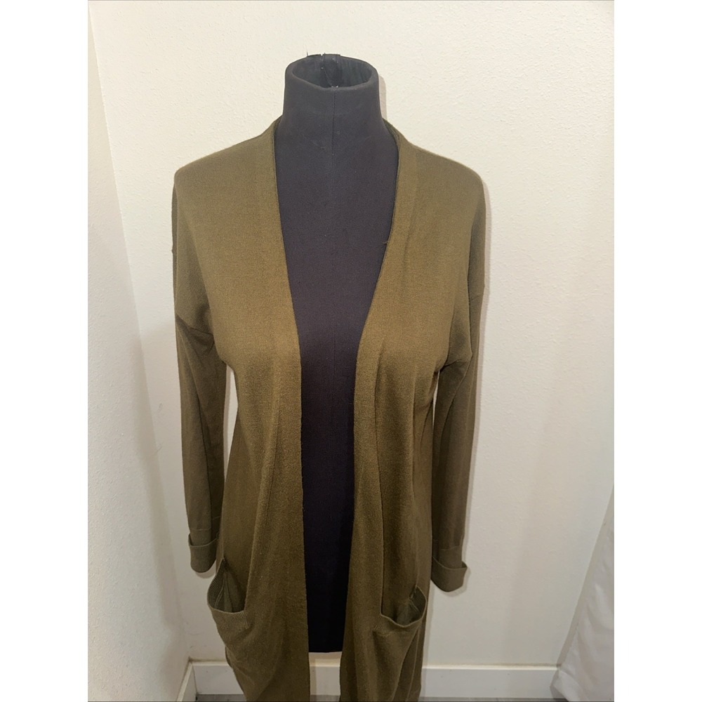 Halogen Cashmere Blend Open Front Cardigan Olive Long Sleeve Front Pockets Sz S - Picture 2 of 8